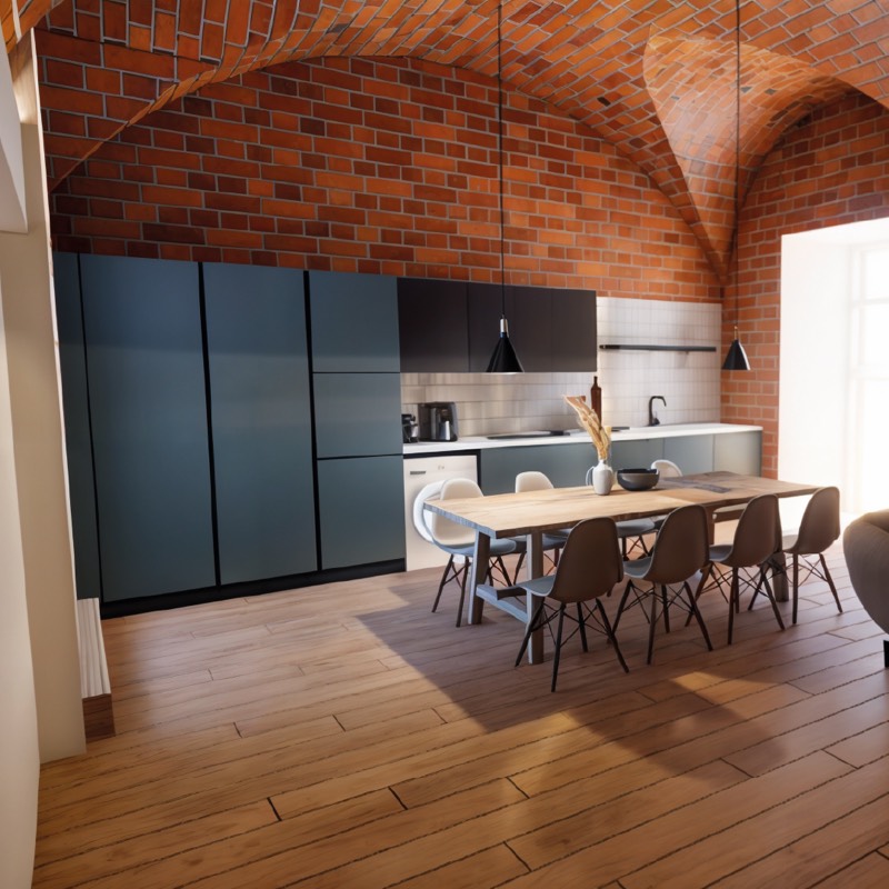Interieurontwerp met bakstenen gewelfplafond en donkerblauwe keuken, appartement La Trousse Frankrijk