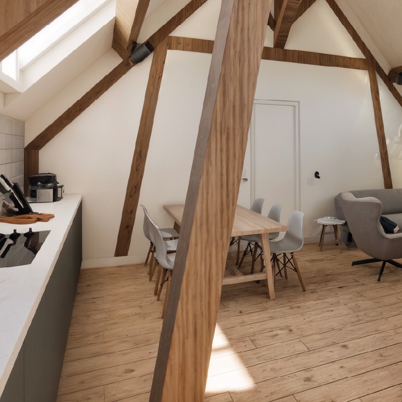 Zolderappartement met houten spanten en open keuken, La Trousse Frankrijk