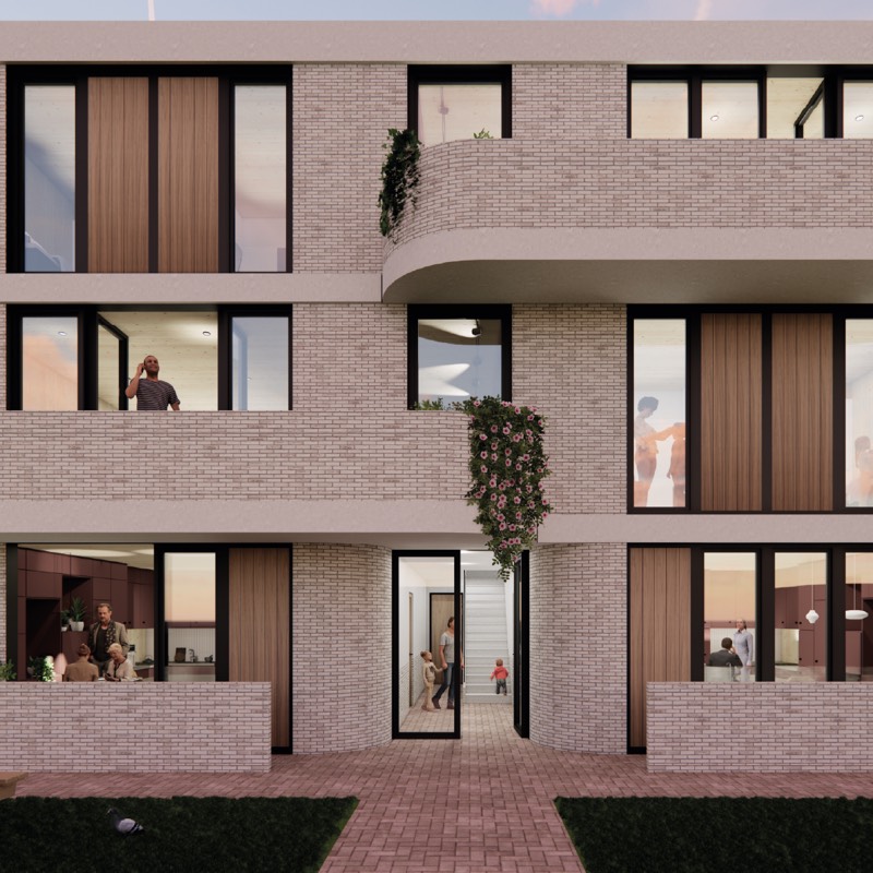 Woningbouwconcept Achterom: appartementen met balkons en doorgang naar het binnenterrein