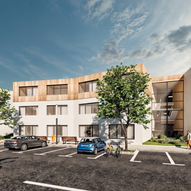 Woningbouwconcept De Zorgtuin: appartementengebouw met houten gevelbekleding