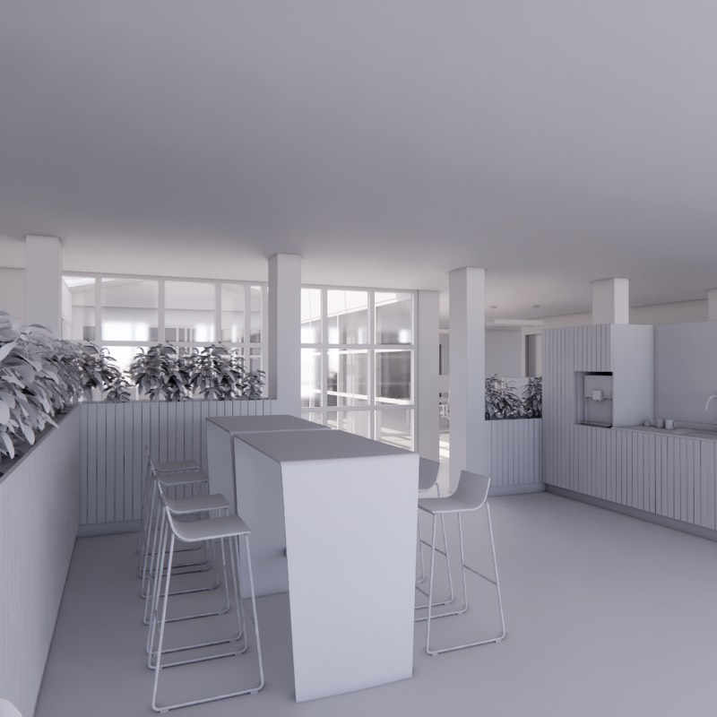 3D-model van een kantoorinterieur in Heemstede met bar en zithoek
