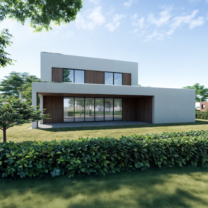 Nieuwbouw villa in Almere met witte kubische volumes en houten gevelaccenten